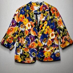 Erin London Floral Print Jacket L Button Front Artsy Maximalist Statement
